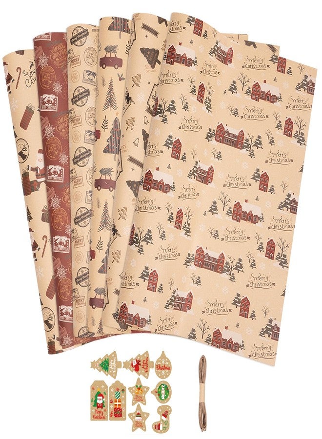 Toptime Christmas Wrapping Paper, 6 Sheets Vintage Gift Wrapping Paper with Ribbon Tags, Red Xmas Kraft Wrap Paper w/Santa Claus, Christmas Tree, Cars, Gift Paper for New Year, Holiday (27.6x19.7in) - Image 2